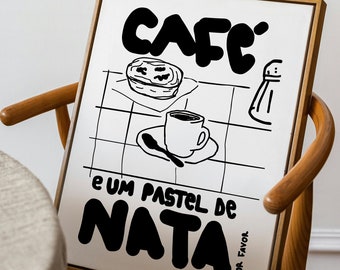 Pastel de Nata Print, Portugal Custard Tart Pastry, Coffee Print, Pastel de Belém and Coffee, Portuguese Cuisine, Retro Poster