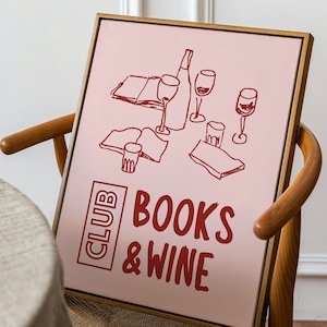 Arte de pared del club de libros, póster del club de vinos, impresión de lectura, regalo para lectores, arte de pared con ilustración dibujada a mano, impresión del club de vinos y libros