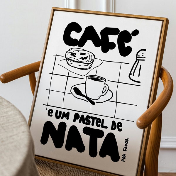 Pastel de Nata Print, Portugal Custard Tart Pastry, Coffee Print, Pastel de Belém et Café, Cuisine portugaise, Affiche rétro