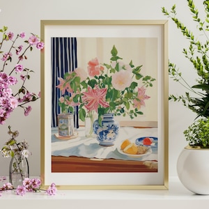 Impresión de arte botánico, arte de pared botánico, flores de verano en un jarrón, pintura texturizada de bodegones