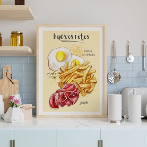 Spanish Food Print, Spanish Kitchen Decor, Illustrated recipe art print , Illustrated food , Kitchen art , Spanish Food Art, Huevos Rotos