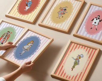 Alice im Wunderland-Dekor, Alice im Wunderland-Set-Poster, Vintage-Illustrationsdruck, trendige Wandkunst, Kinderzimmerkunst, druckbare Kinderdrucke
