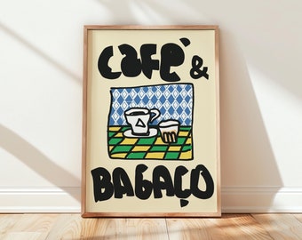 Café e Bagaço Print, Coffee Print Kitchen Wall Art, Coffee Lover Poster, Hand Drawn Expresso Poster, Coffee Bar Decor, Portuguese Cafe
