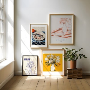 Set of 4 Poster Trendy Kitchen Decor, Wine Art Print, Botanical Poster , Line Drawing Still life , Sardine   Art Print