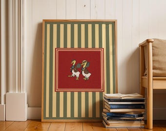 Vintage Entengans Tennis Druck, Wunderliche Kinderzimmer Wandkunst, Grüne Streifen Kinderzimmer Dekor Lustiges Tier Poster, Verspielte Gans für Babyzimmer