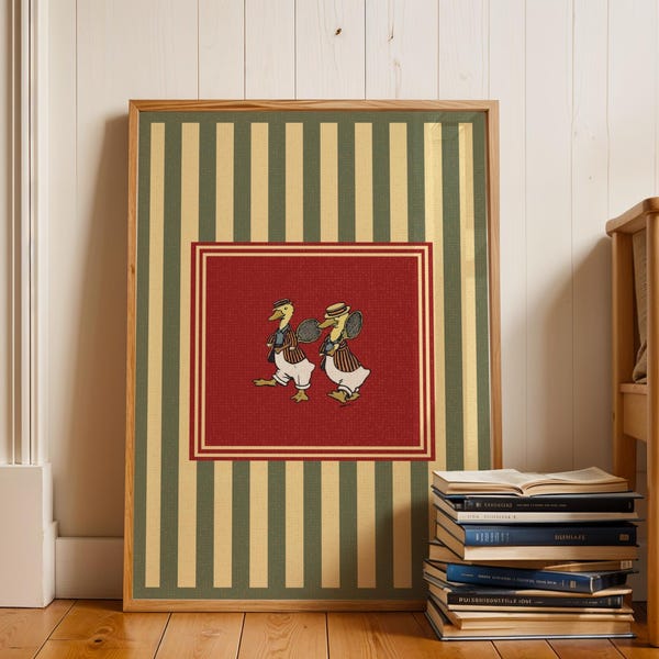 Impresión vintage de tenis de pato y ganso, arte de pared infantil caprichoso, decoración de habitación infantil con rayas verdes, póster de animales divertidos, ganso juguetón para habitación de bebé