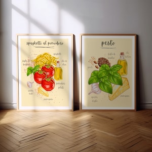 Printable Wall Art, Set of 2 Prints, Retro Kitchen Wall Decor, Pasta Lover Print, Pesto Lover, Italian Food Poster, Spaghetti Art Print,