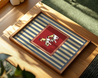 Vintage Gans Reithund – Skurriler Kinderzimmerdruck – Lustige Tierwandkunst fürs Kinderzimmer – Blau gestreiftes Babydekor – Dummes Entengansposter