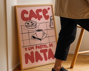 Pastel de Nata Print, Portugal Custard Tart Pastry, Coffee Print, Pastel de Belém and Coffee, Portuguese Cuisine, Retro Poster