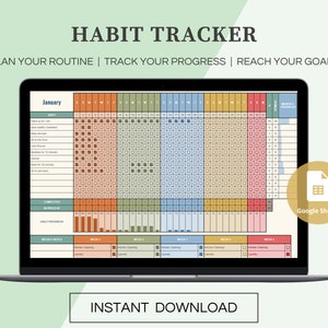 Habit Tracker Spreadsheet for Google Sheets Template, Monthly, Weekly, Daily Planner