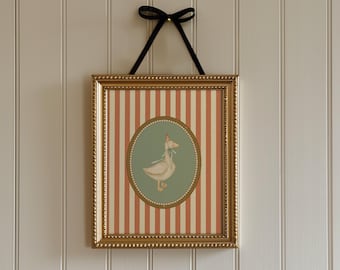 Vintage Goose with Party Hat - Whimsical Nursery Print - Red Striped Kids Wall Art - Animal Poster for Baby Room - Silly Goose Art Print