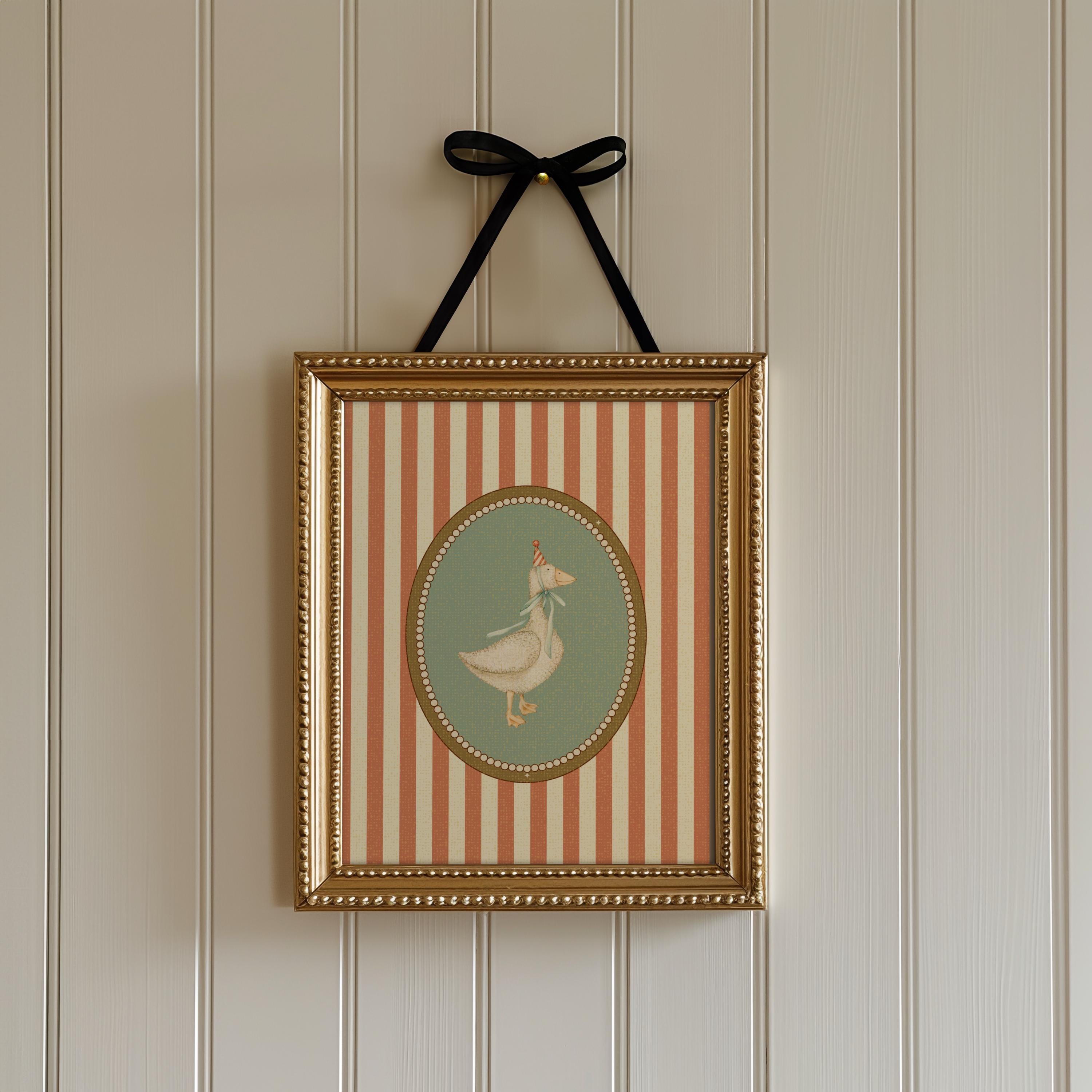Vintage Gans mit Partyhut - Skurriler Kinderzimmerdruck - Rot gestreifte Kinderwandkunst - Tierposter für Babyzimmer - Silly Goose Art Print