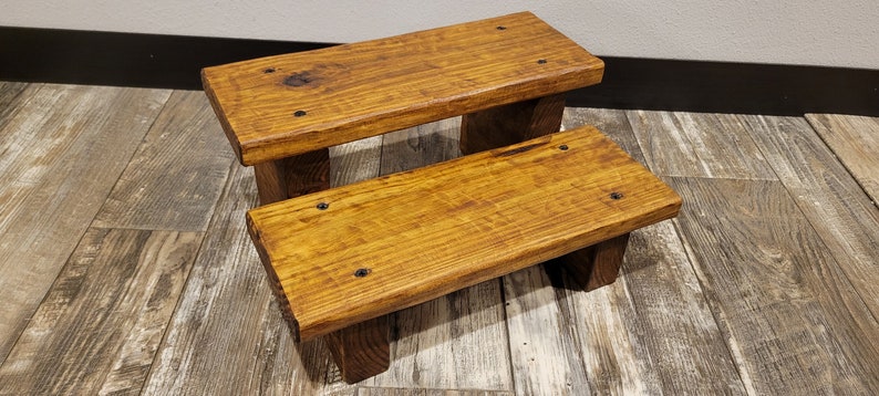 Rustic Wooden 2 Step Step-Stool Solid Wood-Stained