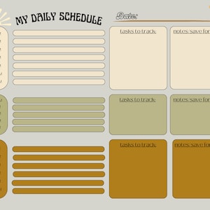 May include: A printable daily schedule planner with a sun and moon design. The planner has sections for tasks to track and notes to save for later. The planner is divided into hourly sections from 5:00 AM to 10:00 PM.