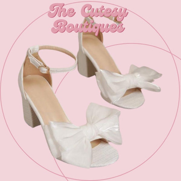 Women's Chunky Heel High Heeled Bow Knot Heels White