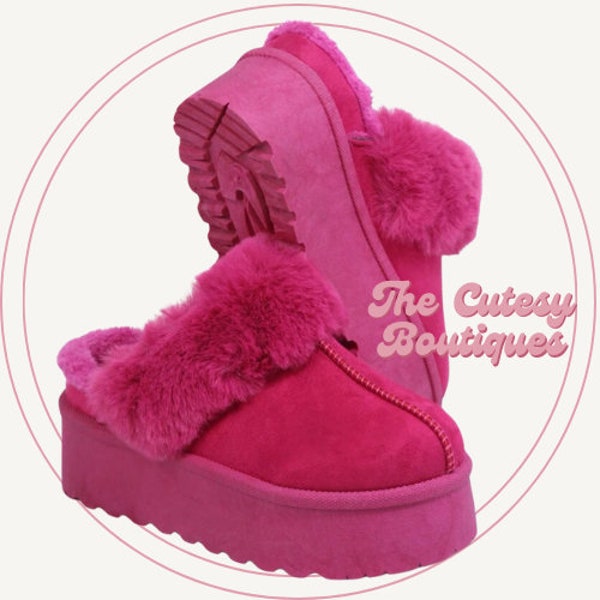 Slipper Platform inspired UGGS slip on fuzzy shoes Hot Pink Black Beige Shoes Comfy Fuzzy