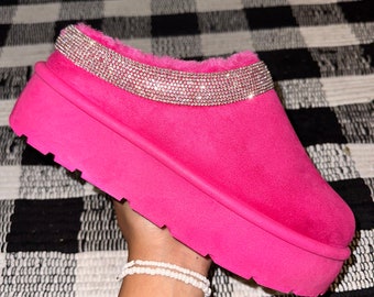 Hot pink Rhinestone inspired UGGS platform slip on fuzzy shoes