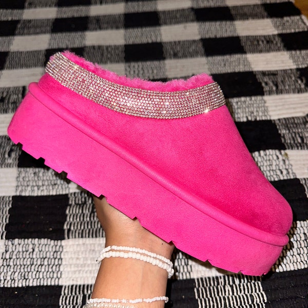 Hot pink Rhinestone inspired UGGS platform slip on fuzzy shoes