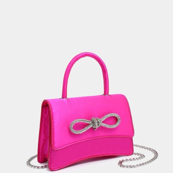 Hot Pink Rhinestone Bow mini clutch with flap for women bag