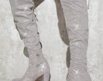 Silver rhinestone cowboy cowgirl boots Nashville bachelorette heel Pointy toe bling knee high glitter toe over the knee boots