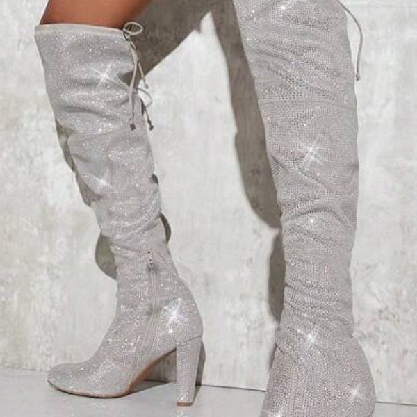 Silver rhinestone cowboy cowgirl boots Nashville bachelorette heel Pointy toe bling knee high glitter toe over the knee boots