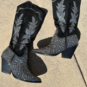 Black rhinestone cowboy cowgirl boots Nashville bachelorette heel Pointy toe bling