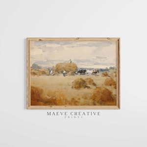 Vintage Watercolor Painting of Harvest Scene Rustic Farm Landscape Art Print PRINTABLE Wall Art Thanksgiving Wall Decor
