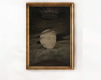 May include: A framed artwork featuring a serene face within a cloudy, dark background. Above the face is a crown-like design. The artwork is in a gold-colored frame, with the word "Mono" at the bottom.
