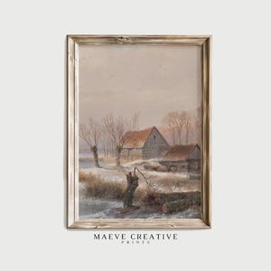 Vintage Snowy Countryside Painting Winter Wonderland Print Digital Wall Art PRINTABLE Art