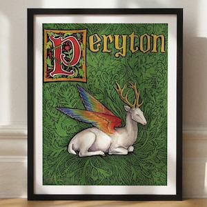 Peryton Art Print: Winged Deer Fantasy Illustration, Castlecore Decor (8x10 Inches)