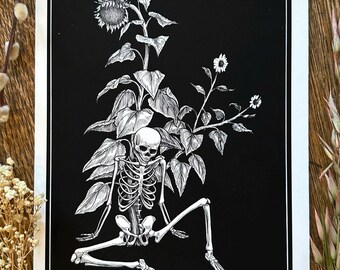 Lámina artística giclée de girasol esquelético: decoración de pared estilo academia oscura (8x10 pulgadas)