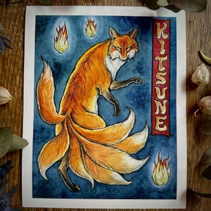 Folklore Kunstdruck, Skandinavische Wanddekoration, Giclee Kunstdruck 20x25cm, Kitsune Kunst Japanische Folklore