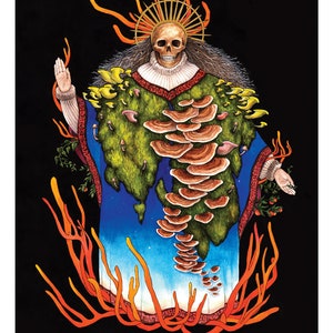 May include: A skeletal figure wearing a blue robe adorned with mushrooms and surrounded by orange flames. The figure has a halo and long hair.