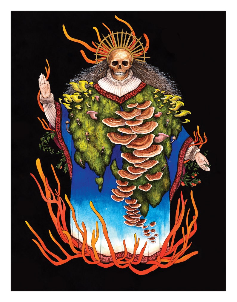 May include: A skeletal figure wearing a blue robe adorned with mushrooms and surrounded by orange flames. The figure has a halo and long hair.