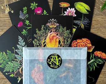 Postcard Set of 5 - Dark Whimsical Nature Art Postcards - Stationary