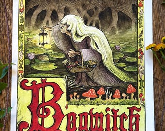 Impresión artística Giclée de Bogwitch: Ilustración fantástica de hongos Goblincore (8x10 pulgadas)