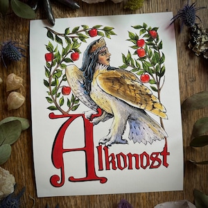Impressão de arte folclórica, arte de parede caprichosa, impressão de arte giclée 8x10 polegadas, arte folclórica russa Alkonost