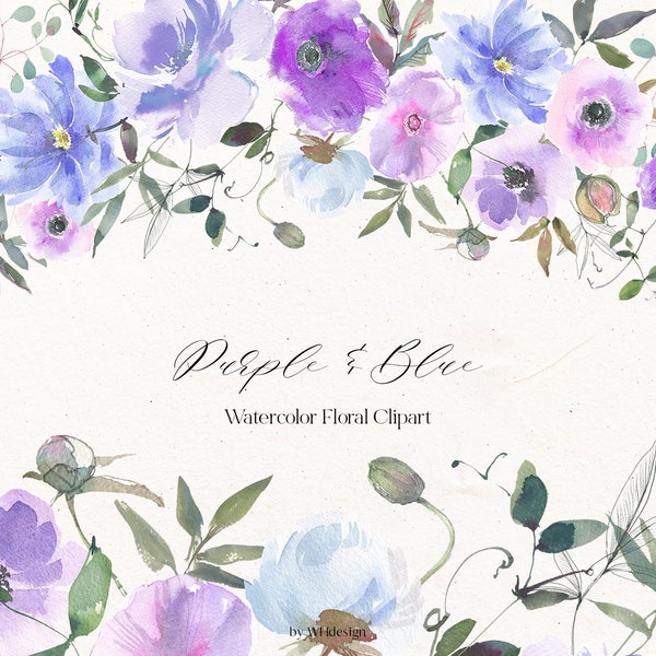 Purple Blue Clipart, Watercolor Floral Set, Garden Flowers Clipart, Purple And Blue Watercolor Flowers, PNG, Wedding DIY Invitations