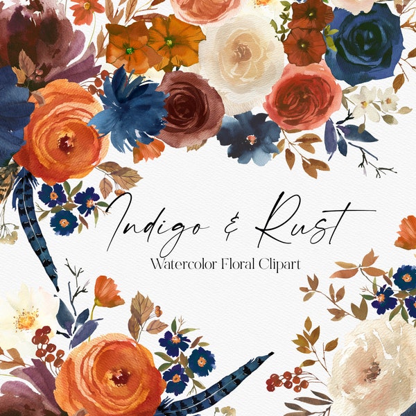 Indigo and Rust Clipart, Roses Clipart, Fall Clipart, Autumn Clipart, Watercolor Flowers, PNG, DIY Invitation, Hand Drawn Flowers