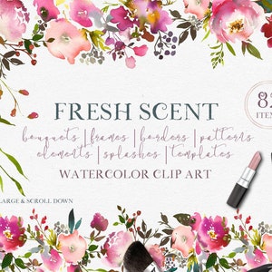 Fresh Scent Clipart, Watercolor Floral Sublimation, PNG Flower Clipart, Bouquet Wreath, Floral Elements, Wedding DIY Invitation, Hand Drawn
