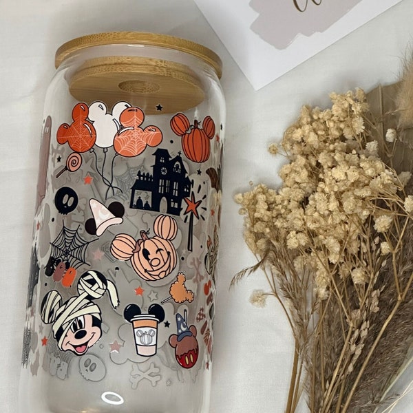 trendy fall cup, trendy disney halloween cup, 16oz glass can with halloween Mickey Mouse, cups for fall, Disney glass can, iced coffee cup