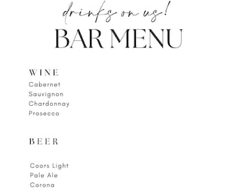 bar menu digital download, editable wedding bar menu, bar for diy bride and groom, wedding bar menu with wine, beer, non-alcoholic drinks