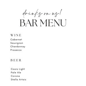 menu barowe do pobrania w wersji cyfrowej, edytowalne menu baru weselnego, bar dla panny młodej i pana młodego, menu baru weselnego z winem, piwem, napojami bezalkoholowymi
