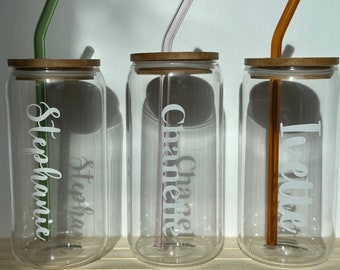 Custom Name Cups with Glass Straws and Bamboo Lids