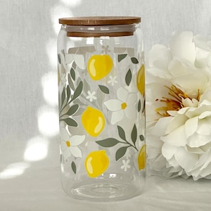 lemon uv dtf cup, summer glass can, summer cup for her, glass can with lemons, 16oz glass can sets, beer glass can, lemon iced coffee cup