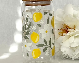 lemon uv dtf cup, summer glass can, summer cup for her, glass can with lemons, 16oz glass can sets, beer glass can, lemon iced coffee cup