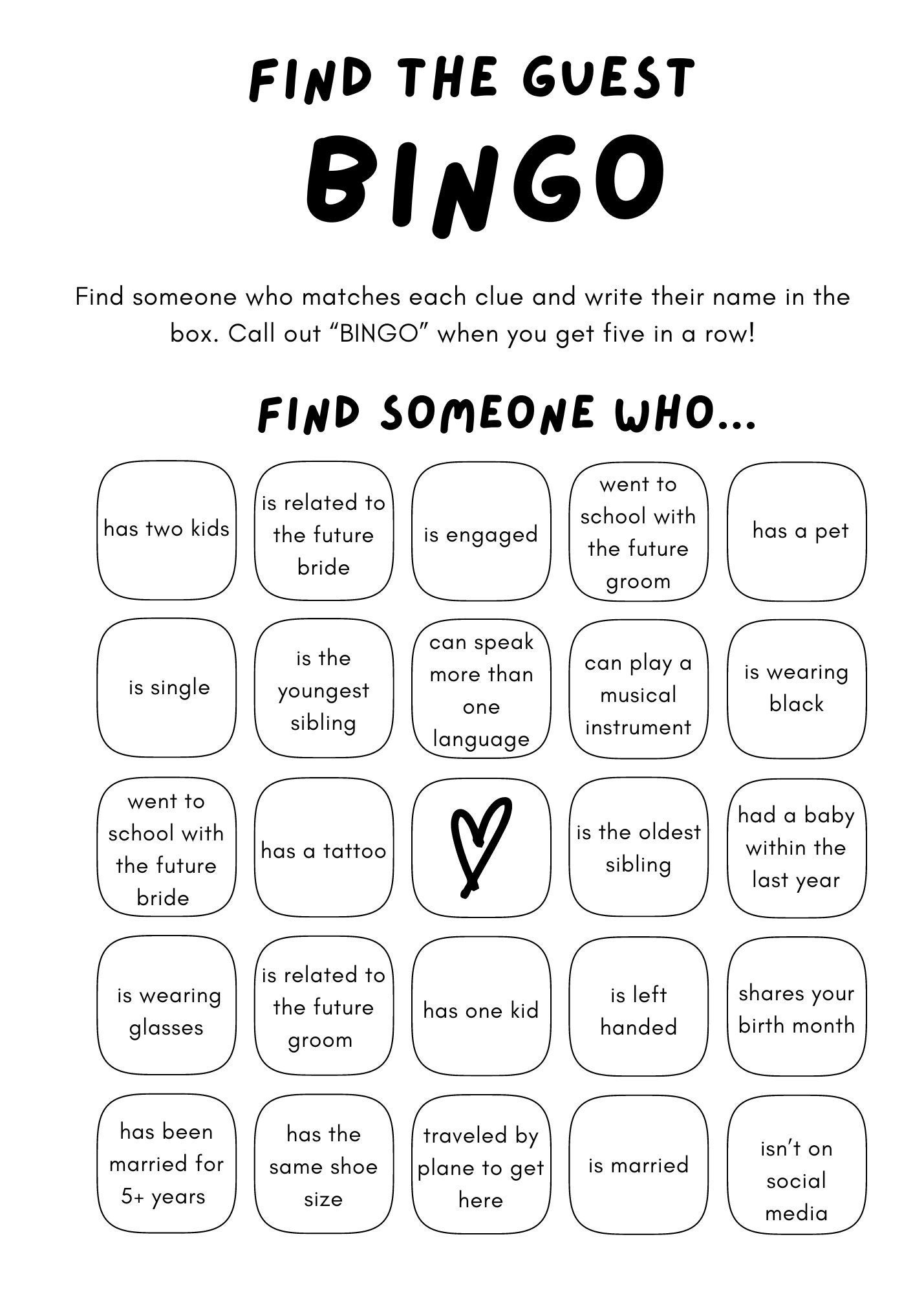 find the guest bingo game, wedding shower game, bridal shower games, engagement party games, games for wedding events, party games