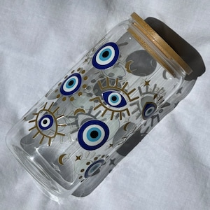 Evil Eye glass can | iced coffee cup | trendy cups | glass cups with reusable straws | UV DTF | 16oz glass can | Evil Eye design