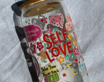 self love glass can, positive affirmations glass can, love yourself cup, take your power back, self love cup, 16 oz iced coffee cup