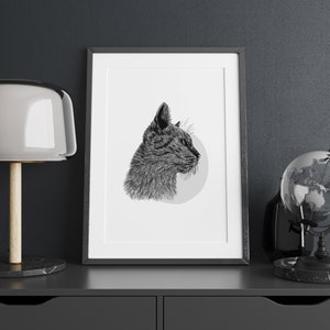 black cat illustration drawing wall art , home decor minimal black and white design , cat lovers gift idea